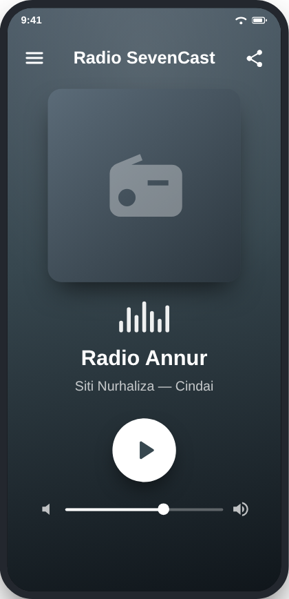 The mobile app playing a station: artwork, station name and the current track.