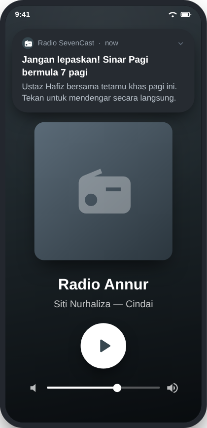 A push notification announcing a programme, delivered to a listener's phone.